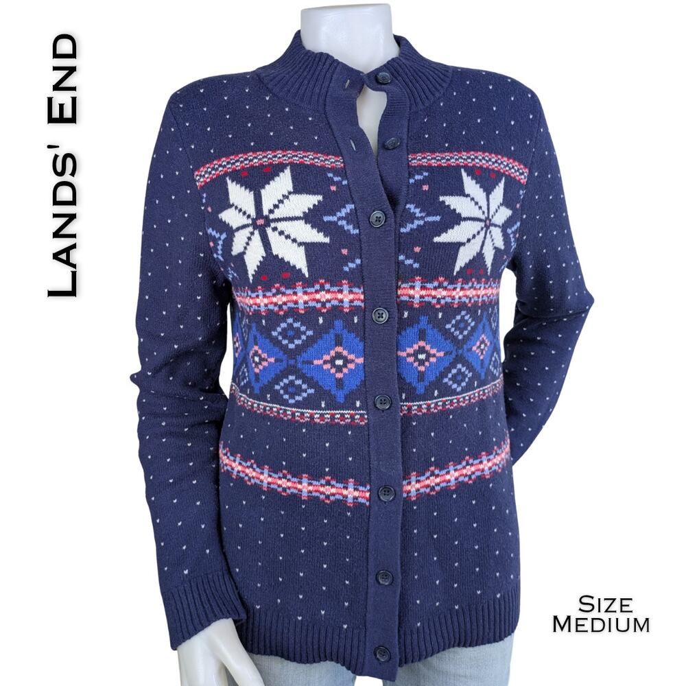Lands End Cardigan Womens Medium Navy Snowflake Fair Isle Cotton Blend